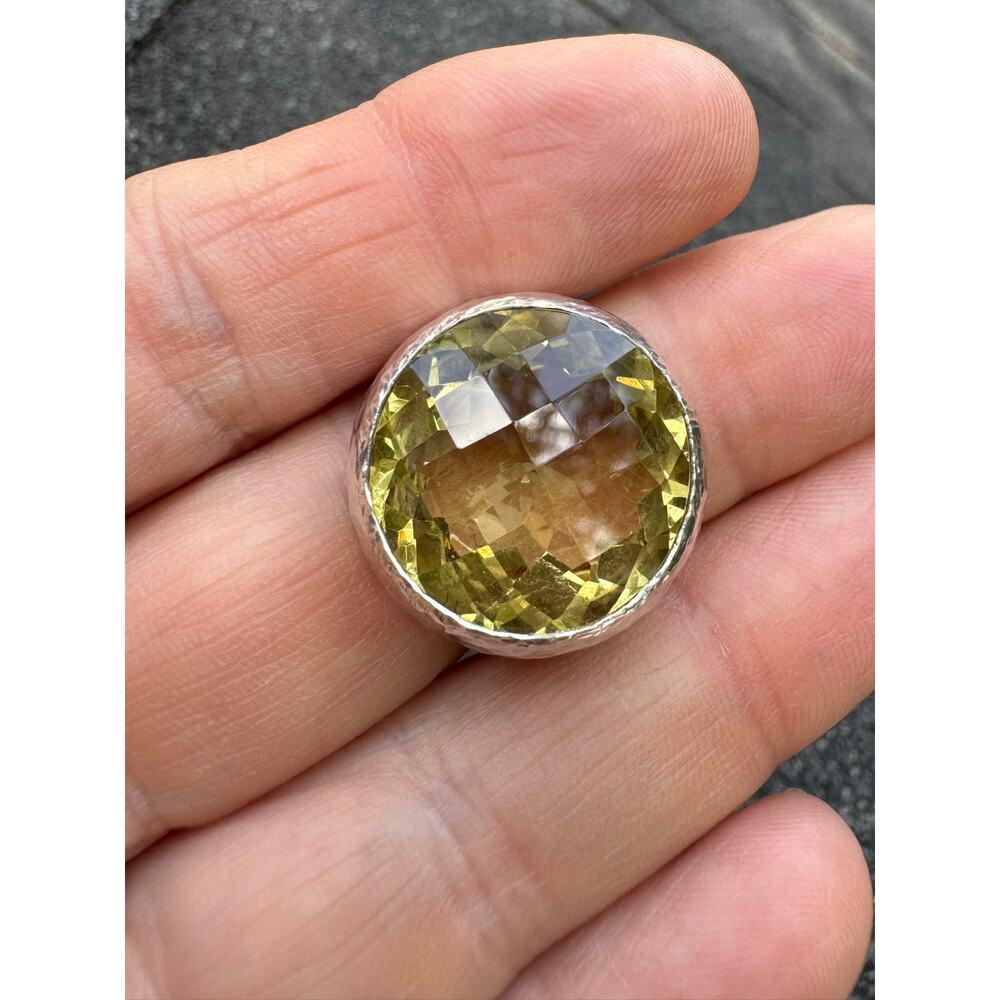 Yellow Citrine Faceted Round Hand Hammered Sterling 925 Silver Ring US Size 8